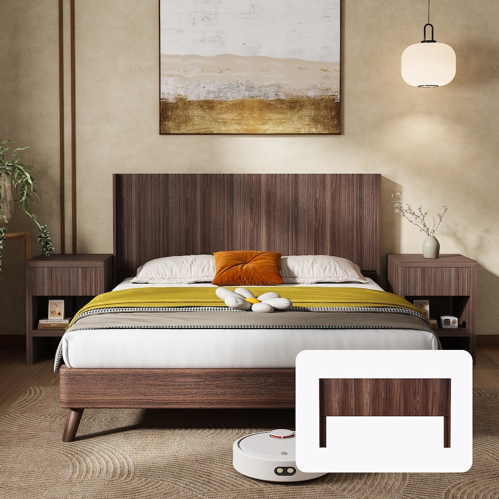 Modern Farmhouse Queen Wood Headboard, Walnut Finish, Wall Mounted with 3D Carving Design