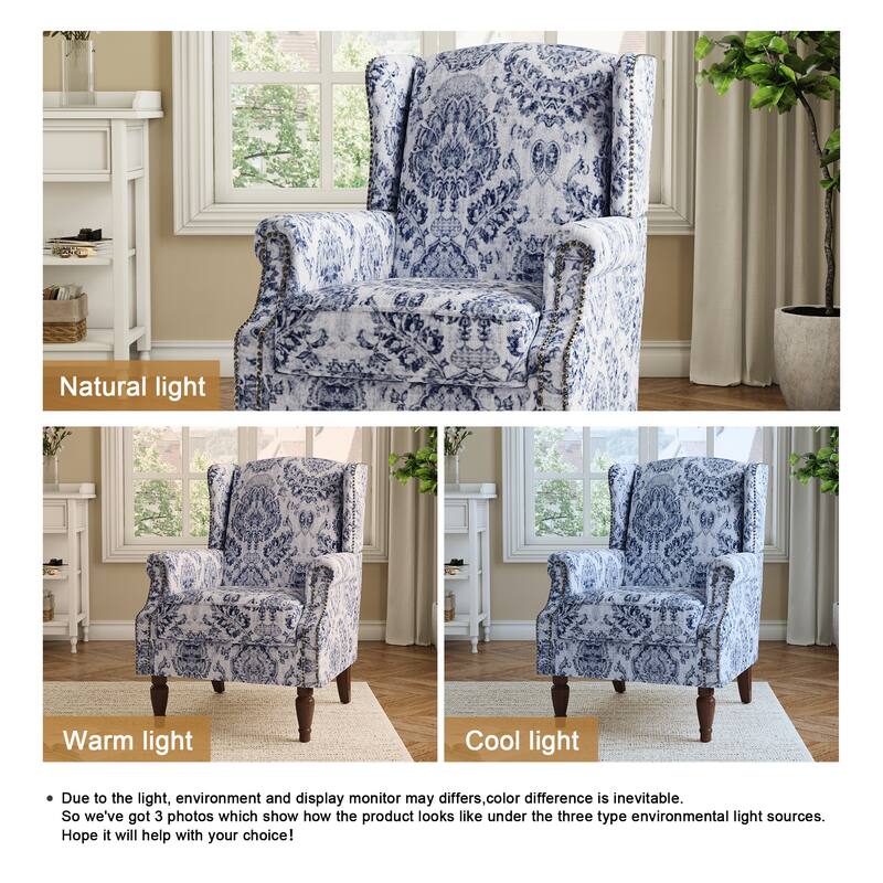 Traditional Floral Patterned Wingback Armchair with Nailhead Trim