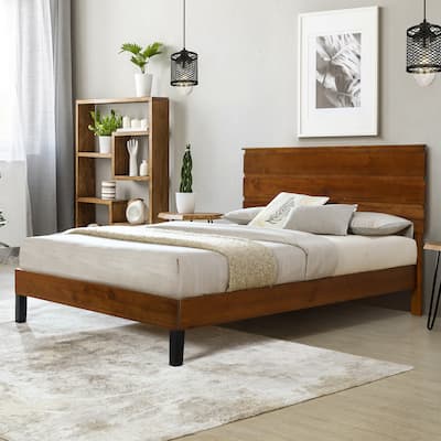 Brown Queen Size Platform Bed w/Three-Piece Headboard Design Mid-Century Modern Solid Pine Wood Bed Frame No Box Spring Needed