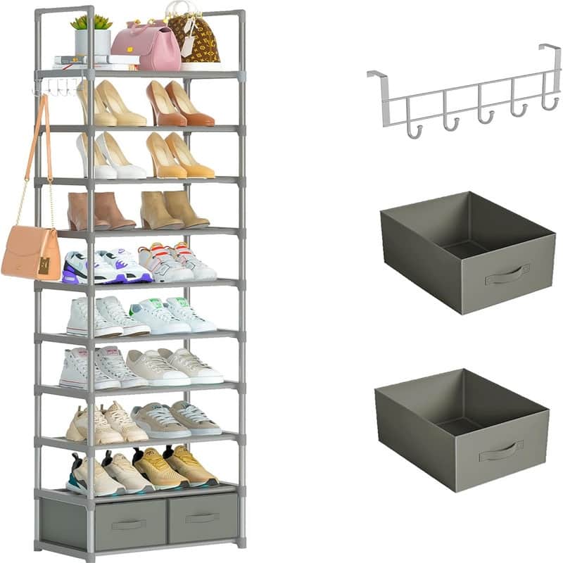 Tall Shoe Rack Narrow 10 Tier Shoes Rack - 11.8"D x 17.7"W x 78.7"H - Sliver