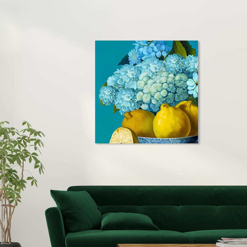 Wynwood Studio Canvas Floral and Botanical Hydrangeas and Lemons Blue and Teal Traditional Wall Art Canvas Print - 30 x 30