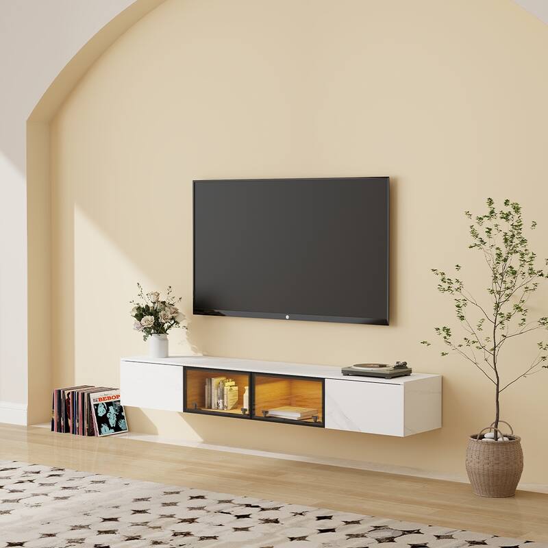 Floating Wall Hung TV Stand, Modern Hanging TV cabinet with Motion Sensor LED, 4 Flip-down Doors, White Stone