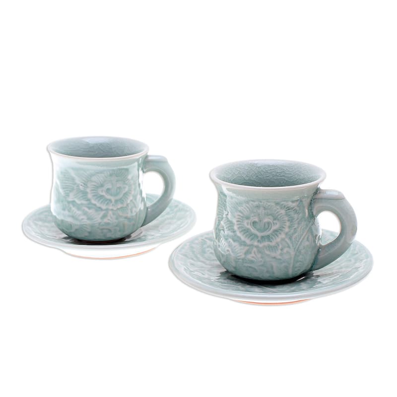 Novica Handmade Tea Flowers Celadon Ceramic Cup And Saucer Set (Pair)