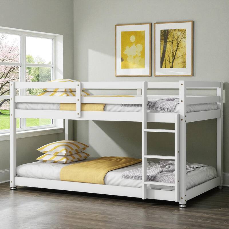 Solid Rubber Wood Twin Over Twin Floor Bunk Bed with Ladder, Low Height Design and Strengthened Slat Support