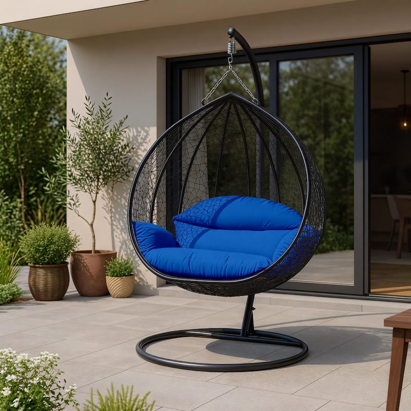 2-Person Outdoor Hanging Egg Chair with Teardrop Frame, Weather-Resistant Cotton Cushioned Seat for Patio and Indoor Use