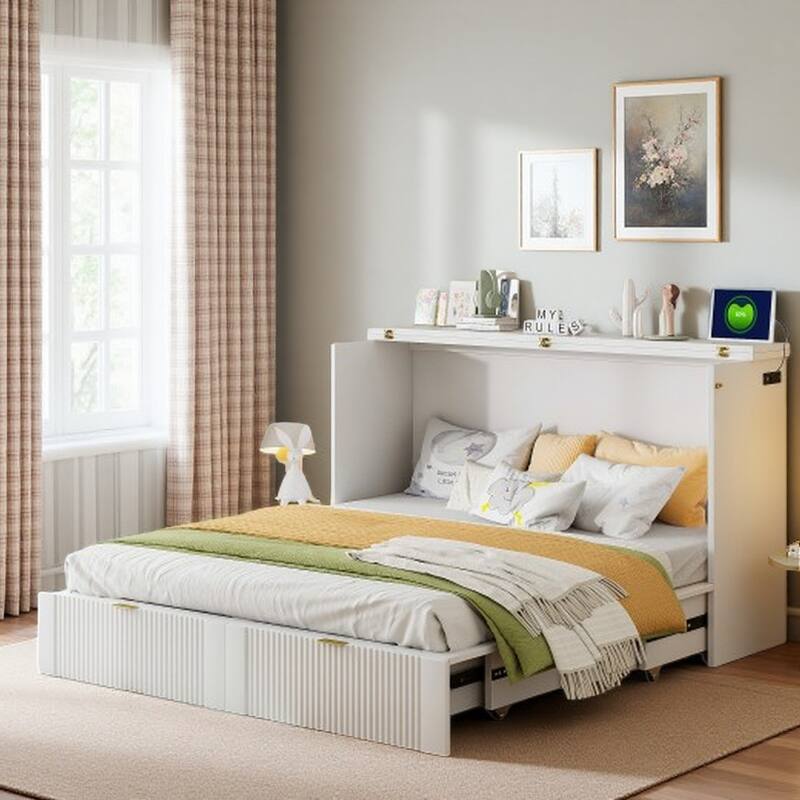 Space-Saving Queen Size Murphy Bed with Drawer, USB Ports, and Pulley Mechanism, Convertible Wall Bed with Flexible Slats - White - Queen
