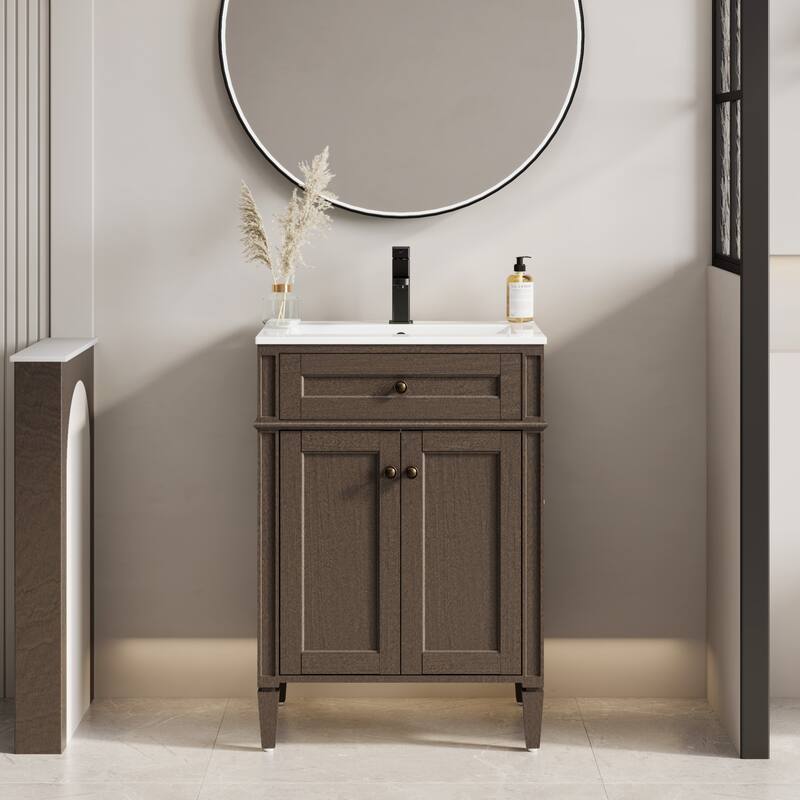 Retro Bathroom Vanity W/ Drop in Sink Combo Cabinet Set - 24 in - Brown