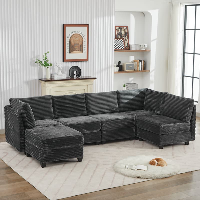 Corduroy Sectional Couch with Storage, U Shaped Sectional Sofa with Ottoman, Modular Sectional Couches  - Grey
