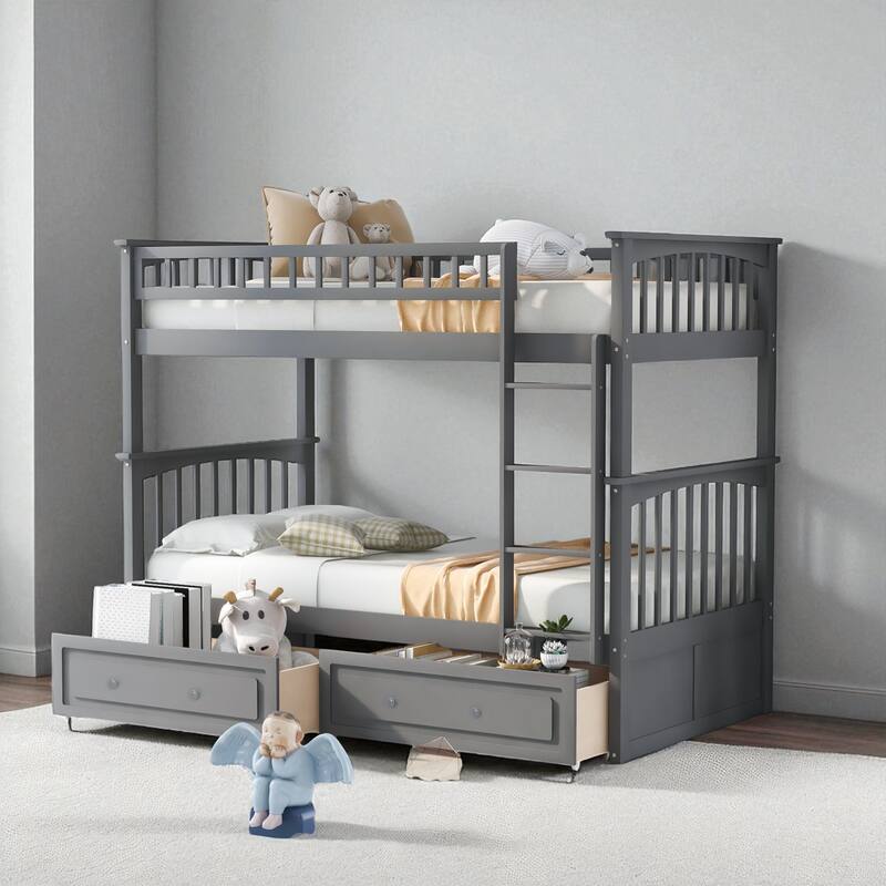 Twin Over Twin Convertible Bunk Bed with Storage Drawers, Fence Guardrail, Solid Wood Frame, No Box Spring Needed