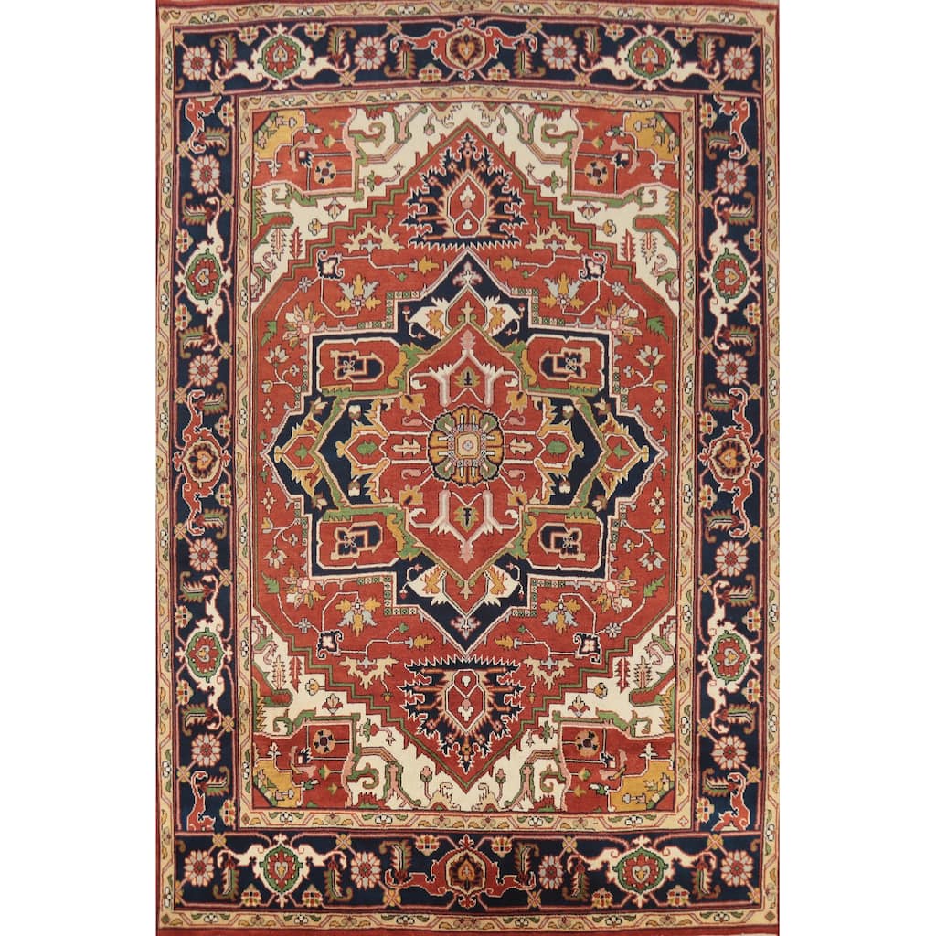 Orange Geometric Heriz Serapi Indian Area Rug Hand-Knotted Wool Carpet - 8'11" x 11'11"