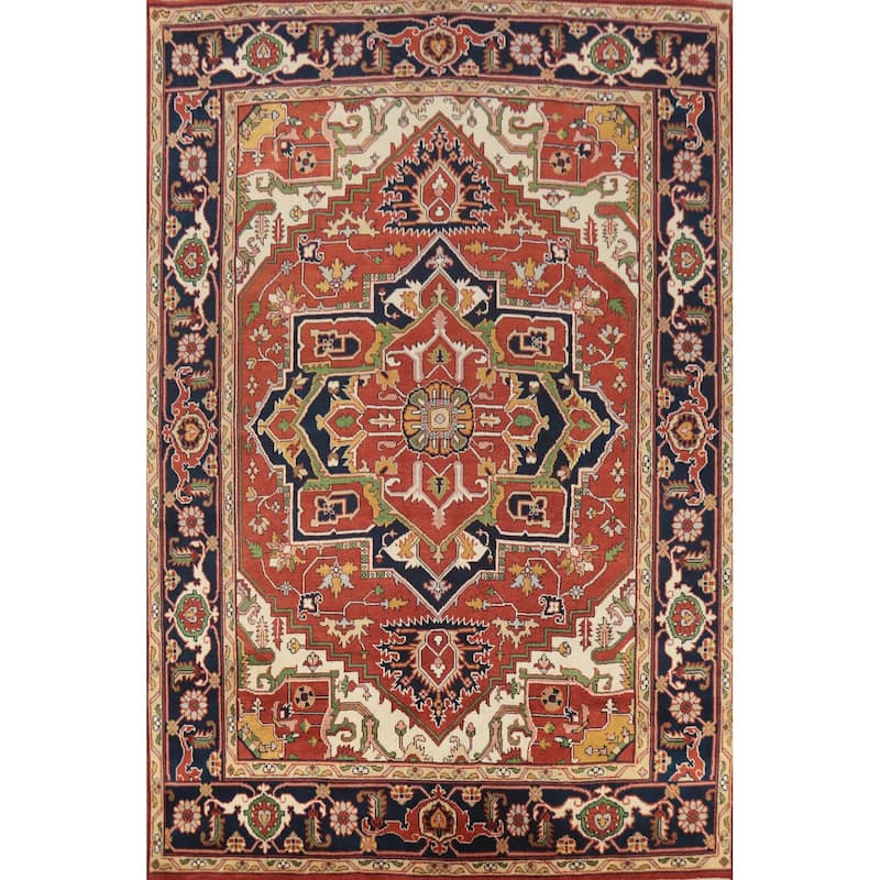 Orange Geometric Heriz Serapi Indian Area Rug Hand-Knotted Wool Carpet - 8'11" x 11'11"
