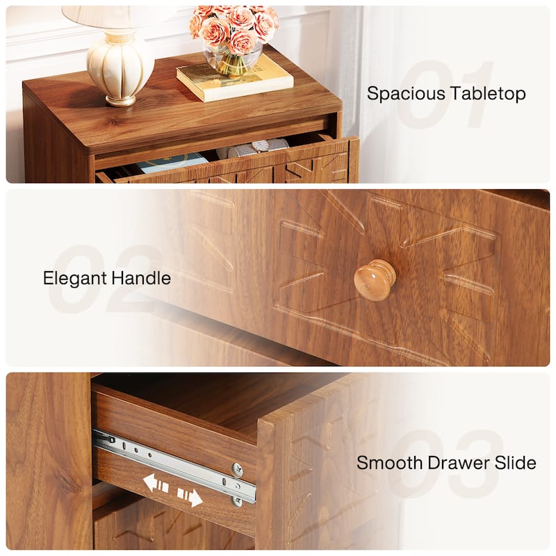 Nightstand Bedside Table with 3 Drawers and Elegant Patterns