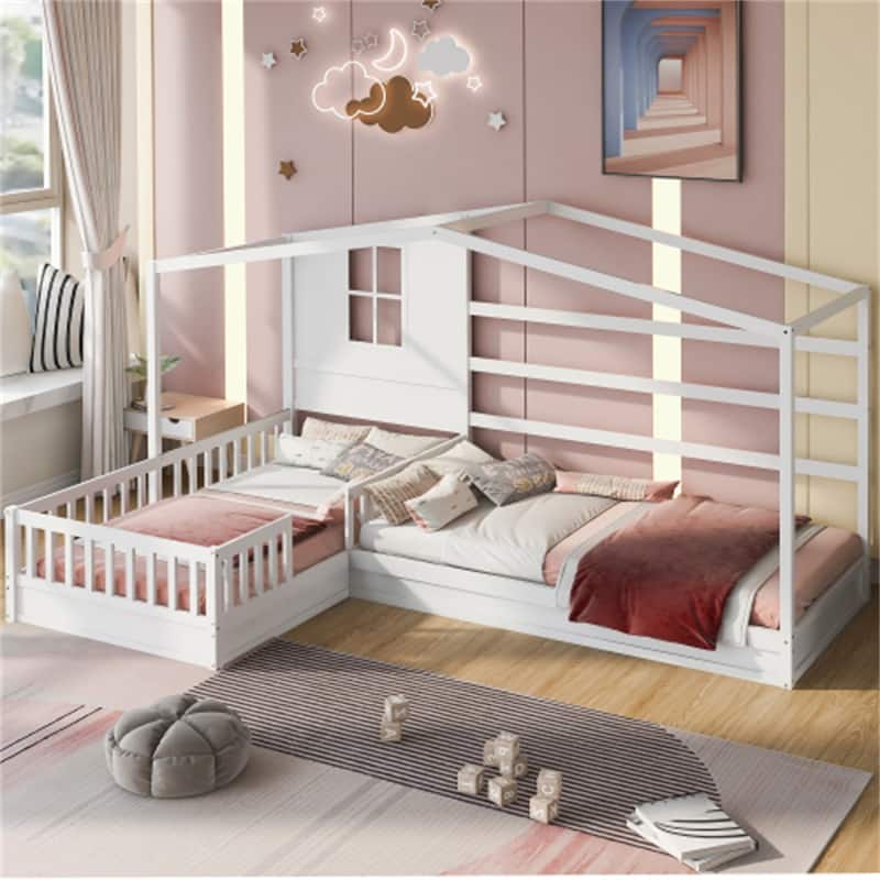 Wood House Bed Twin Size, 2 Twin Solid Bed L structure
