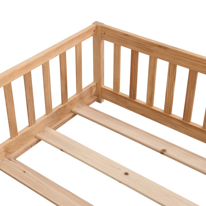 Full Size Floor Bed with Door, Solid Wood Platform Bed Frame with Fence, Suitable for Children, Pine Wood