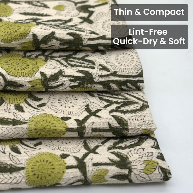 Fabdivine Honeycomb or Waffle Weave Hand Block Floral Print Hand Towel, Kitchen Gift Use - Ruhi- Light or Dark Green, Black - Set of 4