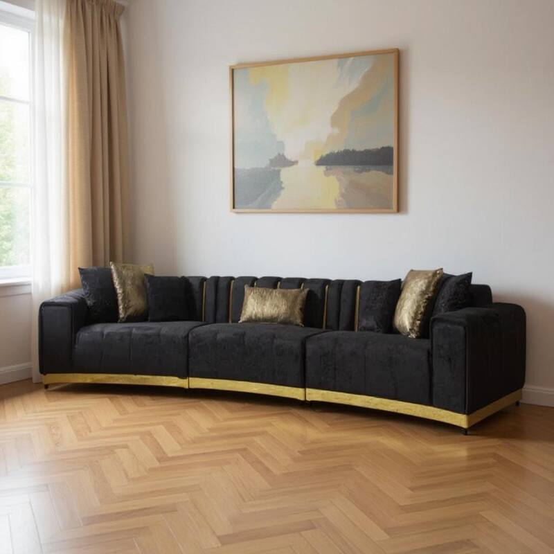 HomeRoots Black Velvet Curved Three Piece Sectional With Toss Pillows - Symmetrical