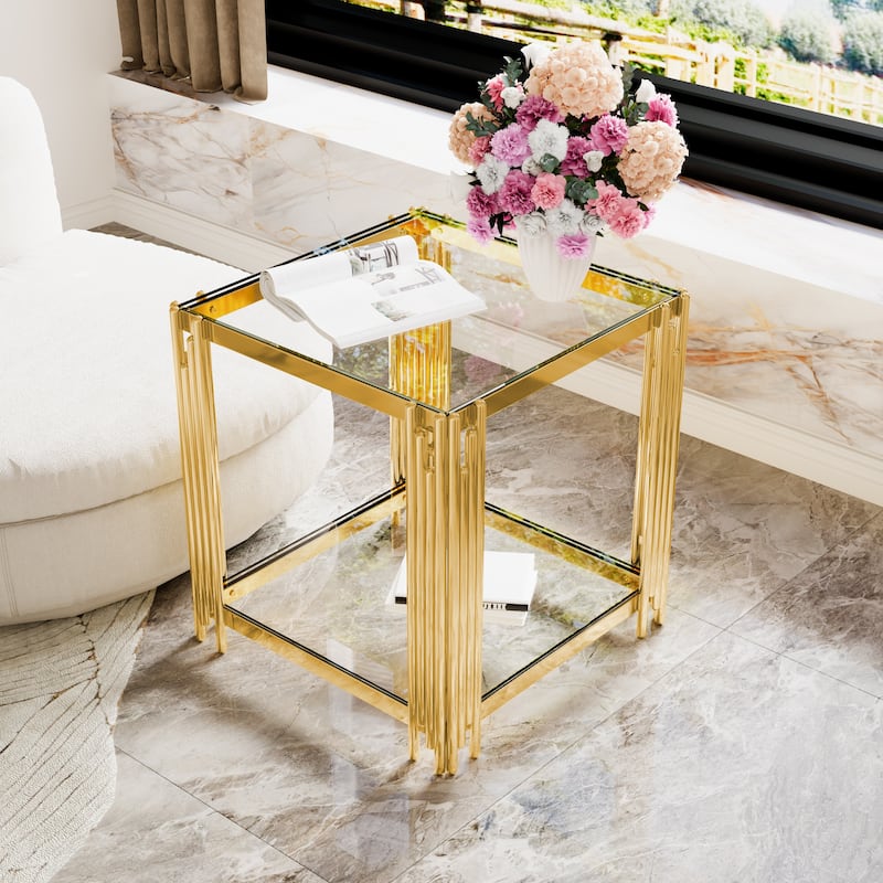 19.9" Modern Transparent Glass End Table for Living Room, Square,Asymmetrical Metal, Gold Finish & Lower Shelf