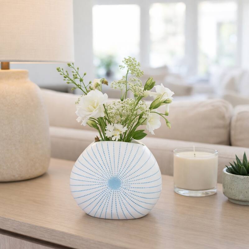 Round Shell Ceramic Vase - Stylish Dotted Pattern Flower Vase - Blue - 4.75"