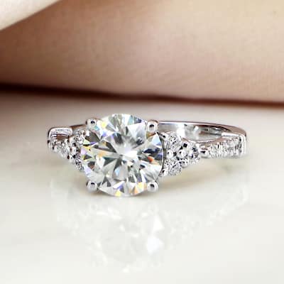 Auriya Vintage 2ct Round Moissanite and 1/5ctw Diamond Engagement Ring 14K Gold
