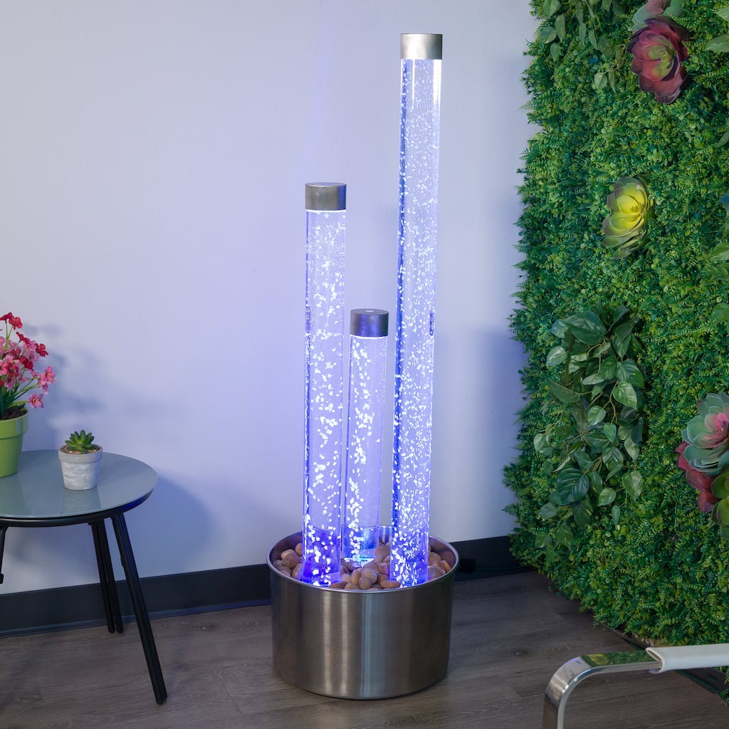 Alpine Corporation MLT166SL 3-Tiered Acrylic Bubble Fountain with Remote and 16 Color LED Lights, 54"H, Silver Base