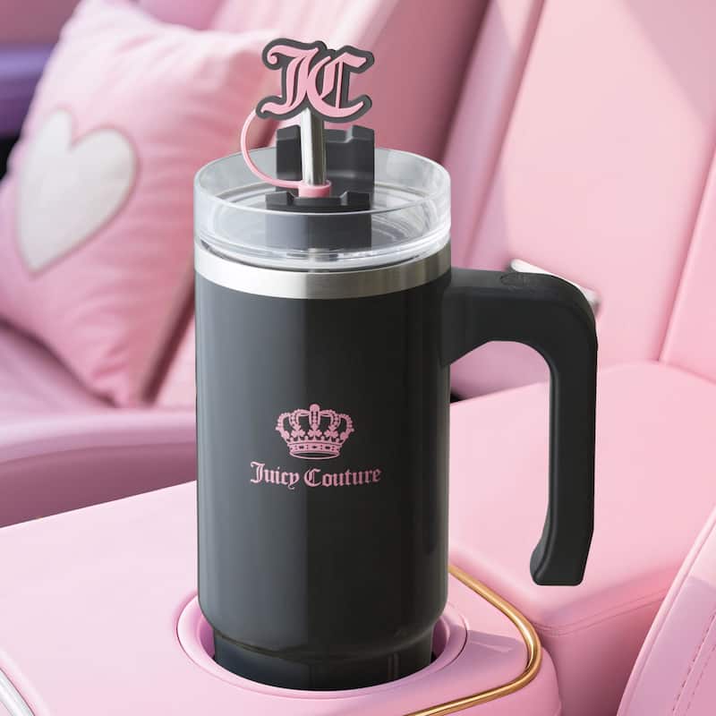 Juicy Couture Jetsetter Hydration Stainless Steel Tumbler with Handle, Straw & Topper with Velour Crossbody Pouch
