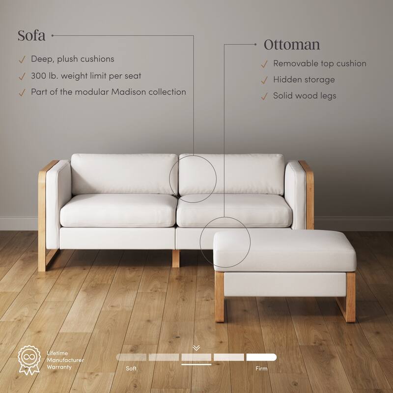 Madison Modern Upholstered Modular Sofa or Couch for Living Room with Solid Wood Legs