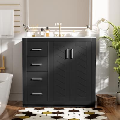 36'' Bathroom Vanity with Ceramic Sink Combo Freestanding Bathroom Storage Cabinet with 3 Drawers