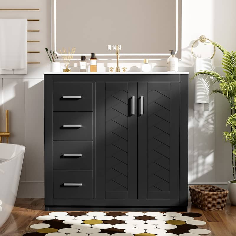 36'' Freestanding Bathroom Vanity Set–Features a Ceramic Sink, Solid Wood Frame,3 Soft-Closing Drawers, and Ample Storage Space.