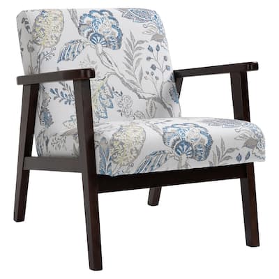 Mid-Century Wooden Accent Chair Linen Lounge Chair