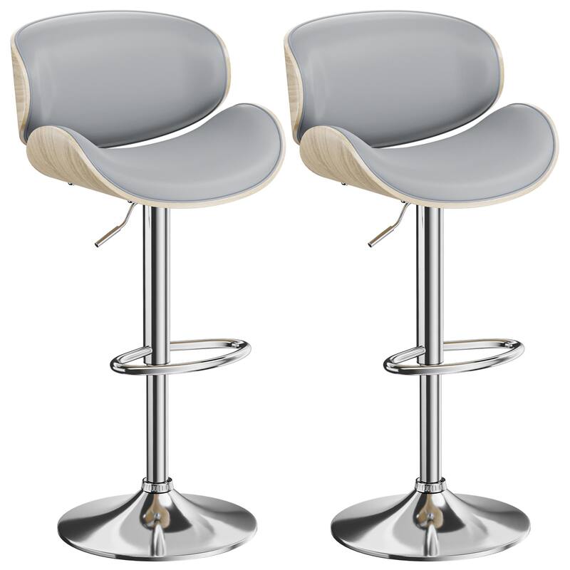 Bar Stools Adjustable Height Swivel Faux Leather Armless Barstools - Set of 2 - Grey - Adjustable