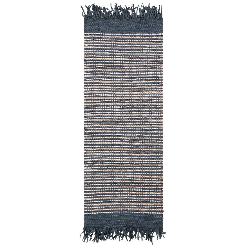SAFAVIEH Handmade Vintage Boho Leather Zhanna Modern Stripe Leather Rug with Fringe - 2'3" x 9' Runner - Dark Grey/Multi
