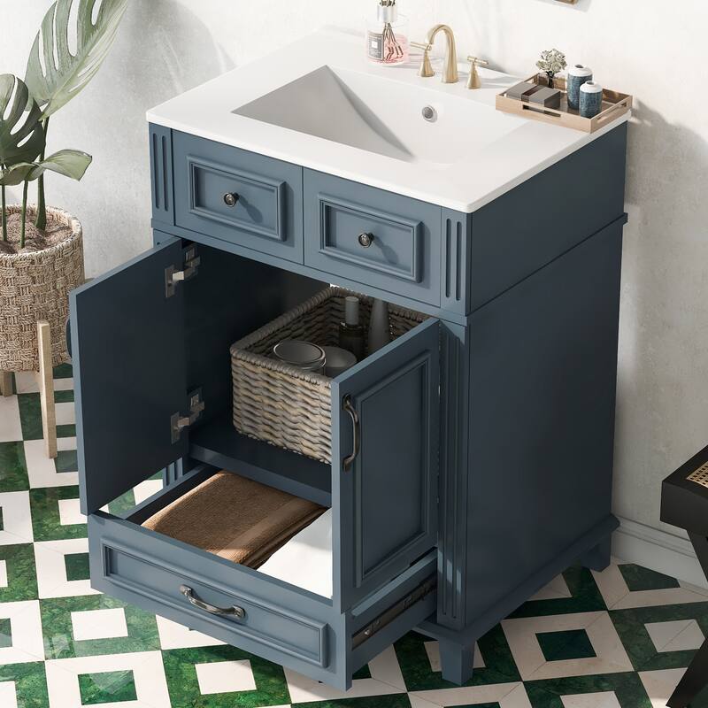 24" Bathroom Vanity with Ceramic Sink,Solid Wood Frame Bathroom Storage Cabinet with Soft Closing Doors,Retro Style