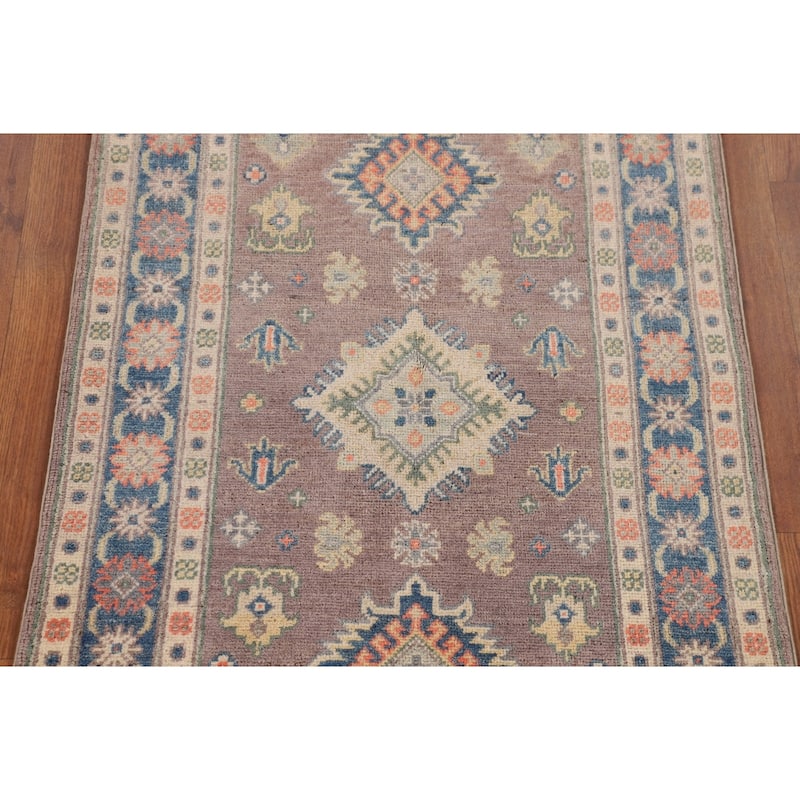 Kazak Foyer Rug Hand-Knotted Geometric Brown Wool Carpet - 2'7" x 3'11"