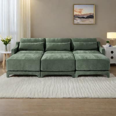 105.9" Chenille Ergonomic 3-Seater Sofa with 3 Movable Ottomans, Lumbar Pillow, and High-Resilience Sponge