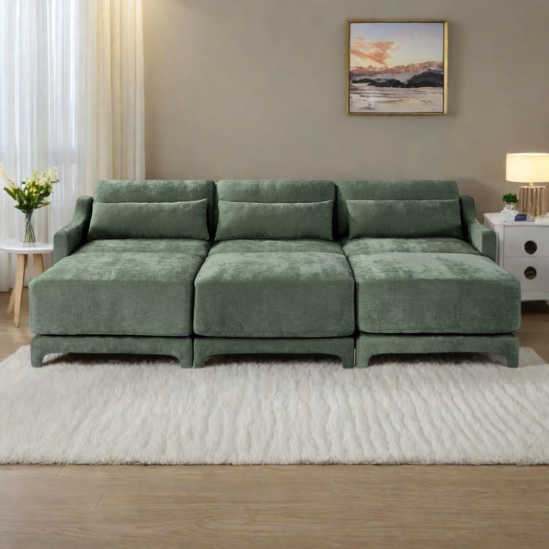 105.9" Chenille Ergonomic 3-Seater Sofa with 3 Movable Ottomans, Lumbar Pillow, and High-Resilience Sponge