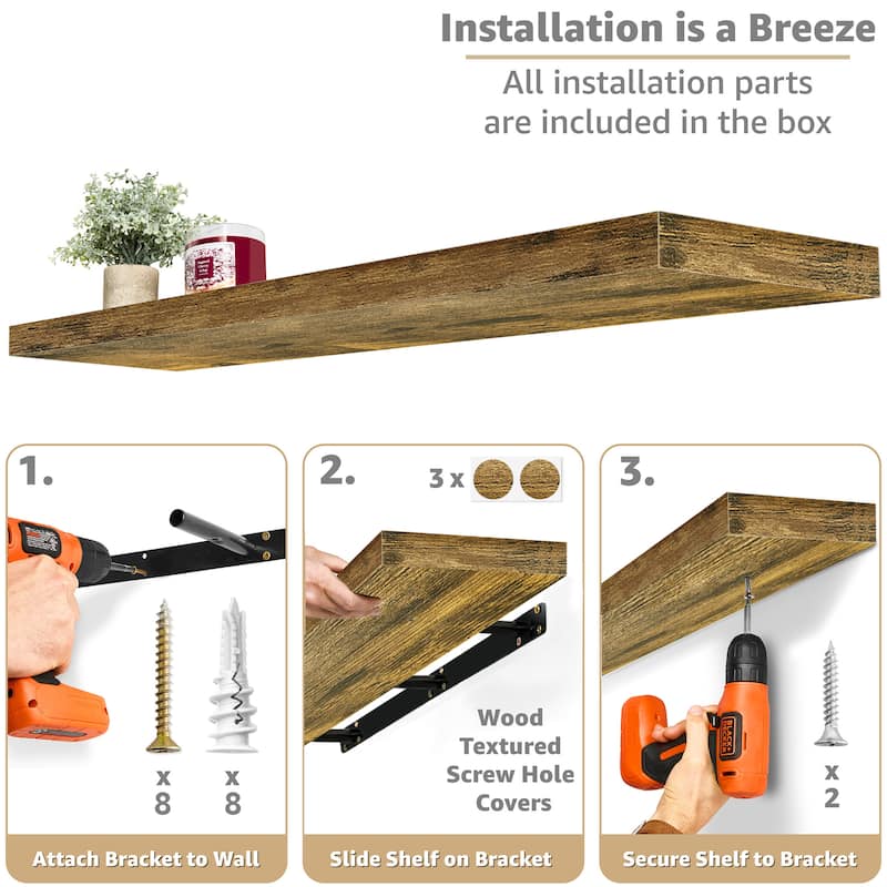 Sorbus Extra Large Floating Shelves Set of 3, Long Faux Wood Wall Mounted Floating Shelves - 9.25"L X 47” W X 1.5” H