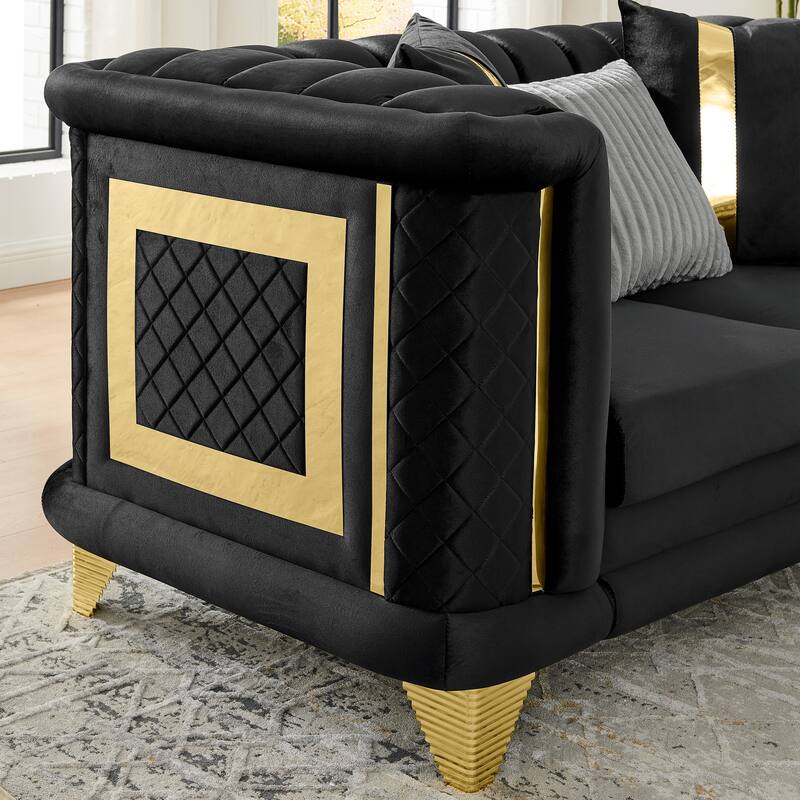 69 Inches Black Velvet Loveseat with Gold Stainless Steel Trims and Embroidered Texture