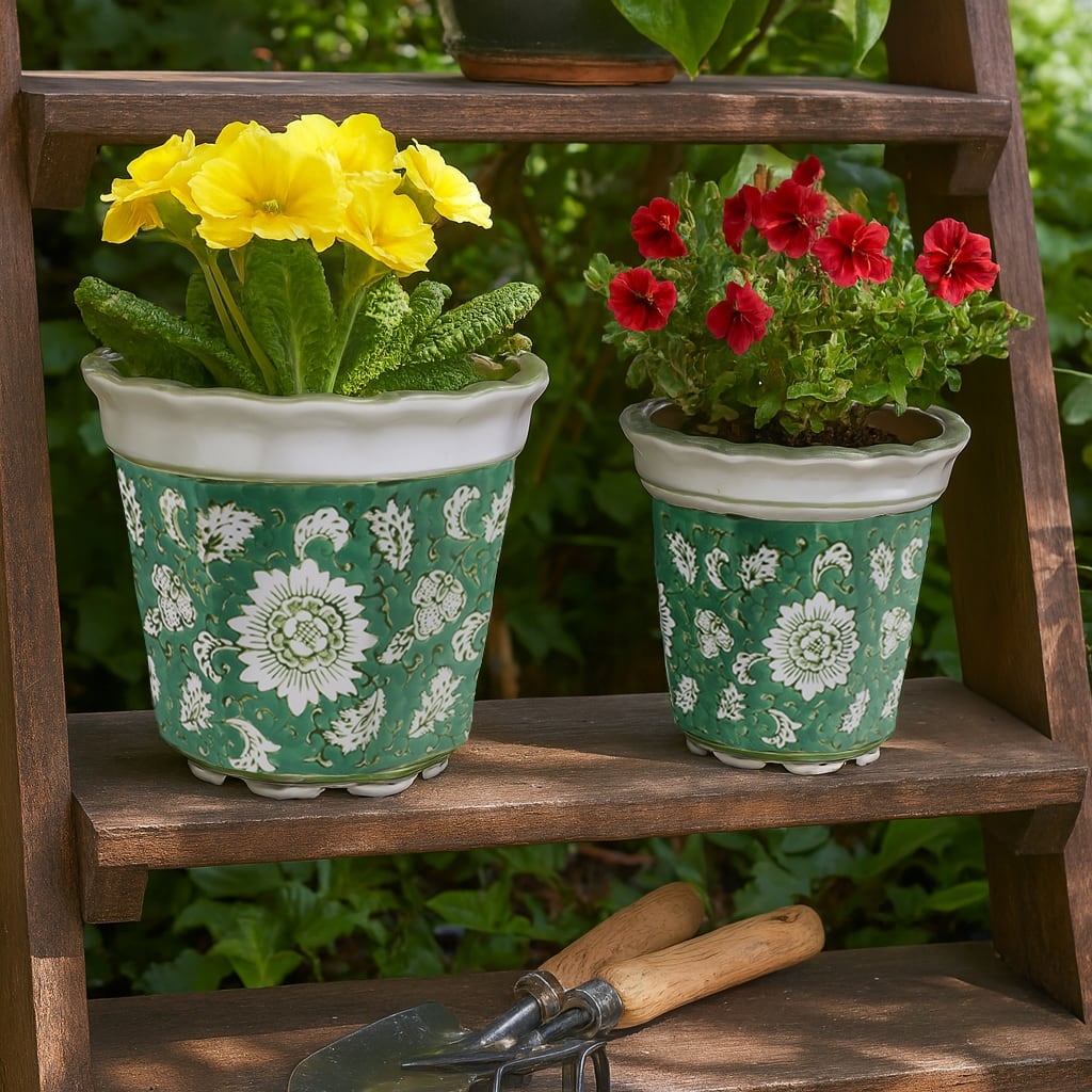 Ceramic Planters With Floral Embossing - Set of 2, Green