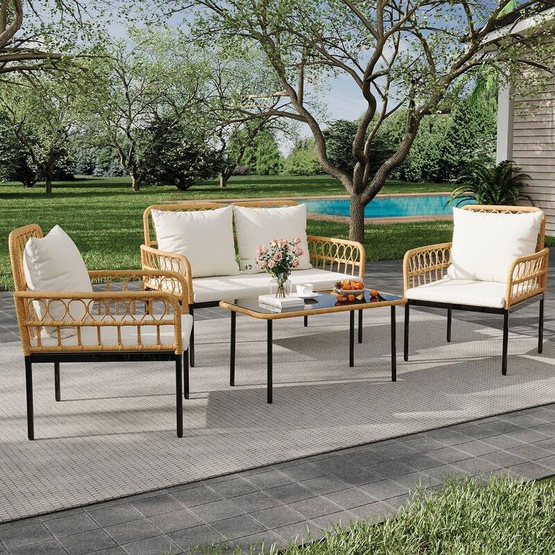 4-Piece Patio Rattan Wicker Furniture Set with Glass Coffee Table for Balcony