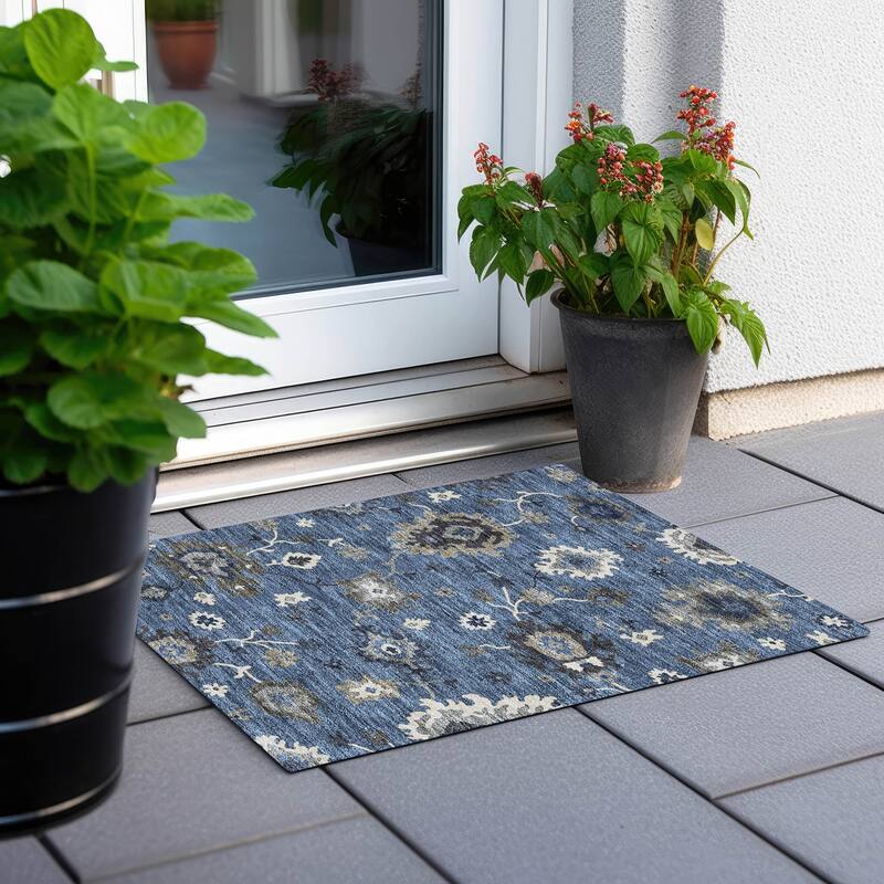 Machine Washable Indoor/ Outdoor Chantille Traditonal Kashan Rug - Blue - 1'8" x 2'6"