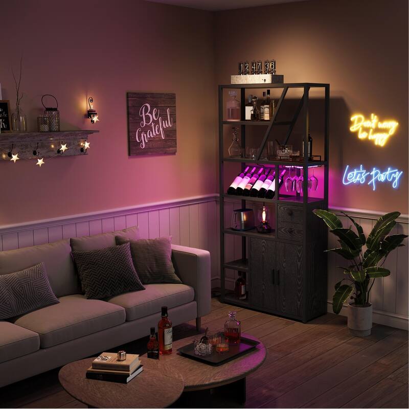 Wine Bar Cabinet with LED Lights, Tall Coffee Bar Station with Power Outlets and Wine Rack