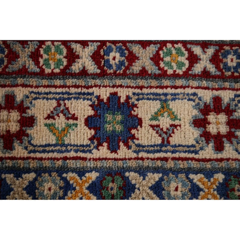 Light Blue Kazak Oriental Runner Rug Handmade Geometric Wool Carpet - 2'7" x 12'7"