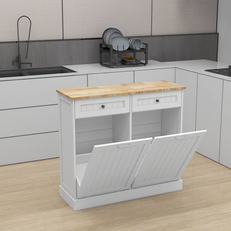 White Kitchen Trash Cabinet with 2 Drawers and 2 Compartment Tilt-Out