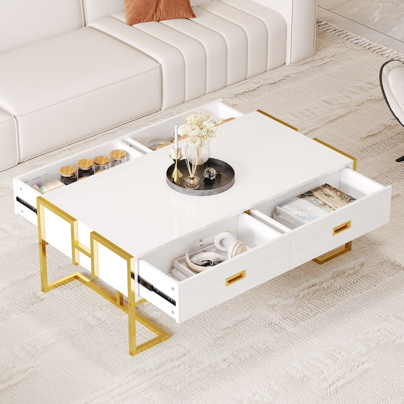 Modern Rectangular Coffee Table with 4 Drawers and Gold Base in 47.3"