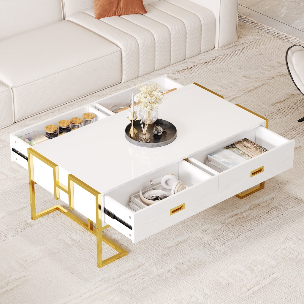 Modern White Coffee Table, Rectangular Design with 4 Drawers and Gold Metal Base, 47.3 Inch