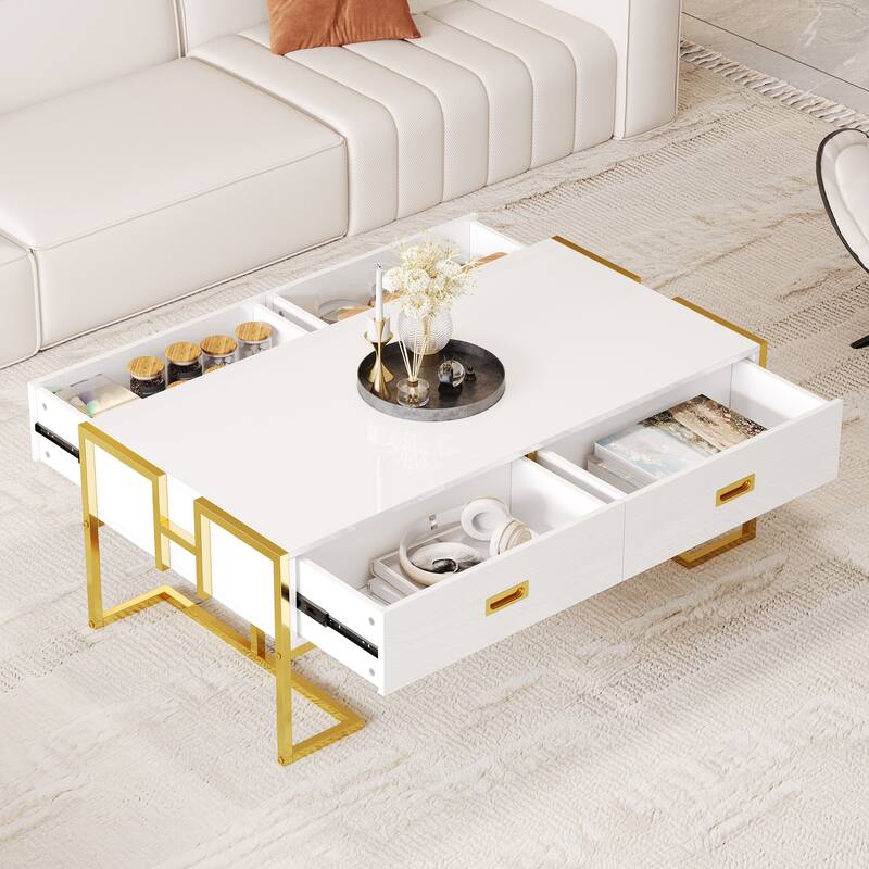 Roomfitters Modern Rectangular Coffee Table with Gold Base, 4 Storage Drawers, High Gloss Finish, 47.3"