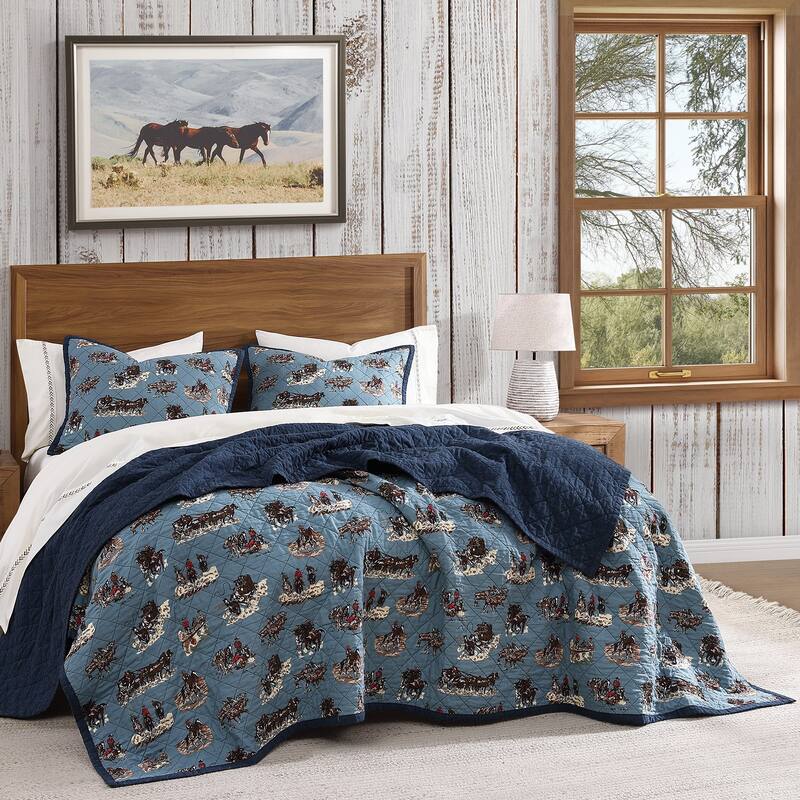 Tasha Polizzi Settler Blue Western Print and Solid Chambray Back 3 Piece Reversible Quilt with Pillow Shams