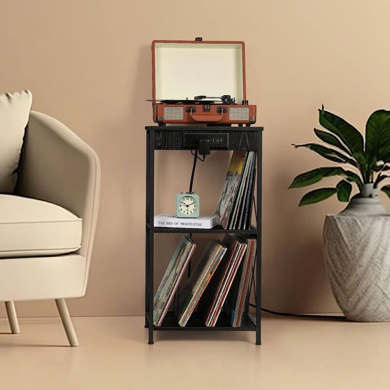3-Tier Vinyl Record Storage Shelf Turntable Stand with Charging Station