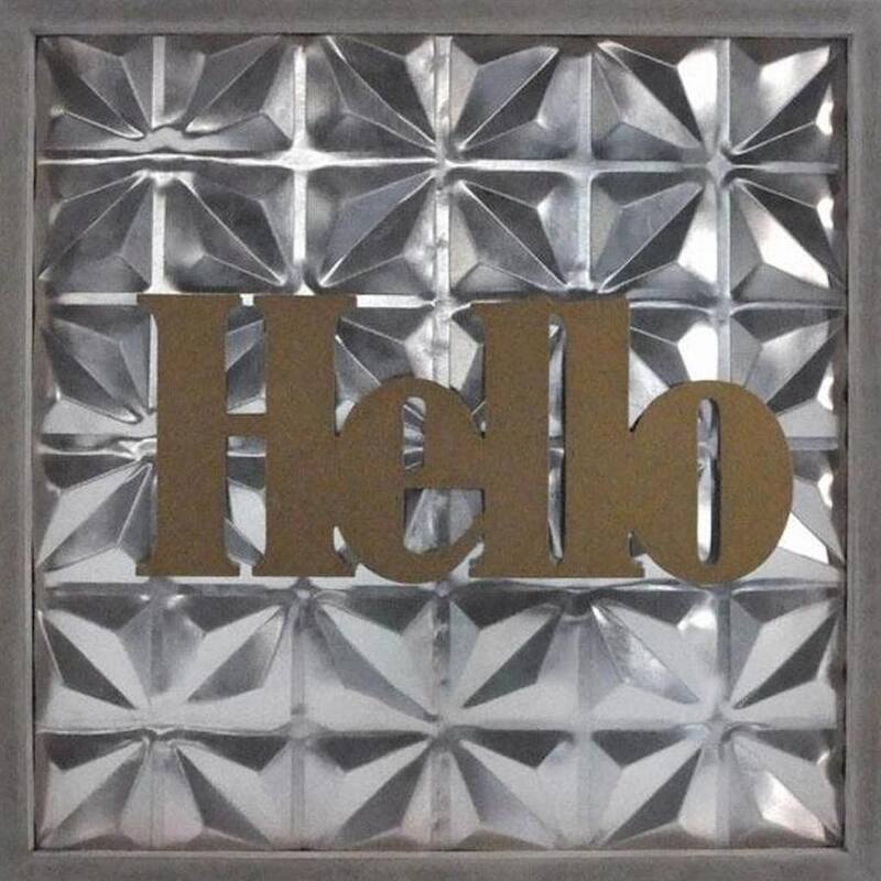 HomeRoots 14" X 14" Brown And Silver Hello Metal Square Wall Decor