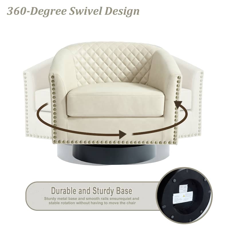Tufted PU Vegan Leather Swivel Barrel Chair with Nailheads Trim